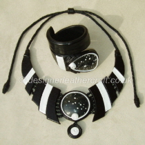 Black & White Leather Necklace & Cuff Bracelet with Jasper Stones