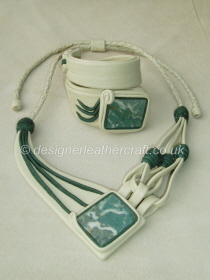 Creamy Leather Necklace & Bracelet with Green Jasper Stones