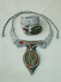 Grey Leather Necklace & Bracelet with Green & Terracotta Jasper Stones