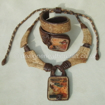 Leather Necklace and Bracelet with Picture Jasper Stones