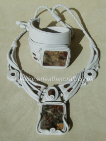 Pale Grey Leather Necklace & Cuff Bracelet with Jasper