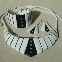 White and Black Leather Necklace, Cuff Bracelet and Earrings with Crystals
